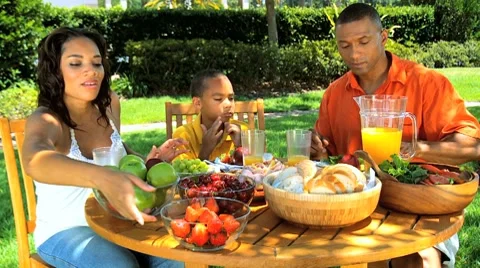 African American Family Healthy Eating in Garden Stock Footage