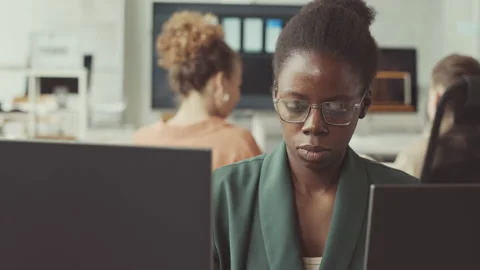 African American Female Programmer Working on PC in Office Stock-Footage 219316575
