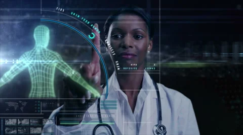 African American female scientist touchscreen DNA research technology medical Stock Footage