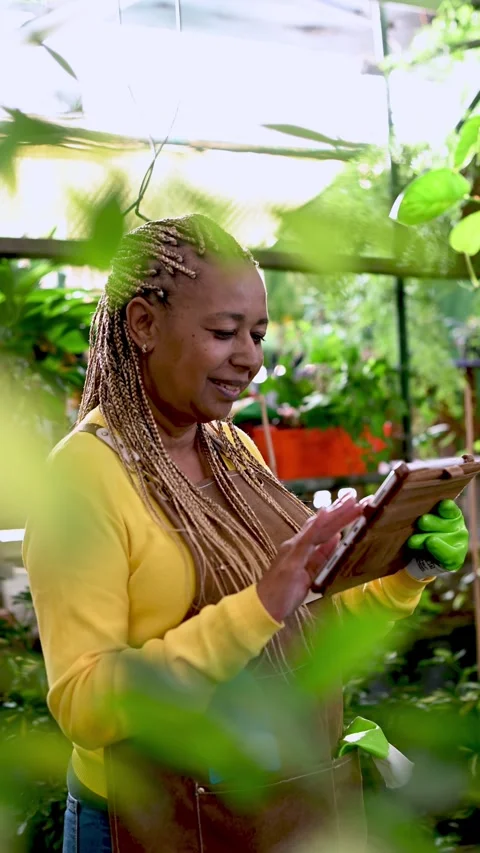 African American gardener using tablet Stock Footage 269340084