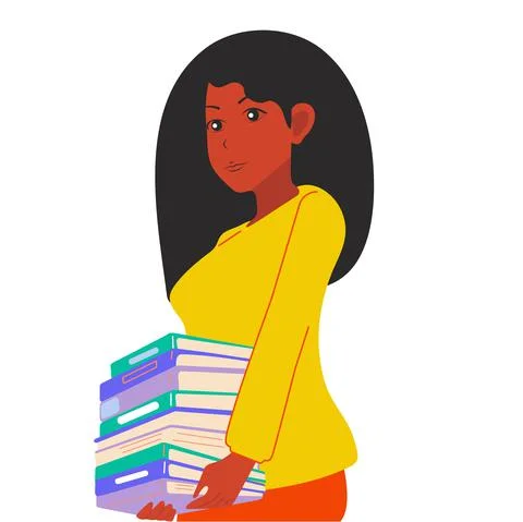 The African American girl carries many books and documents. Business lady or  Stock Illustration