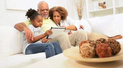 African American Grandparents Grandchild Home Wireless Tablet Stock Footage