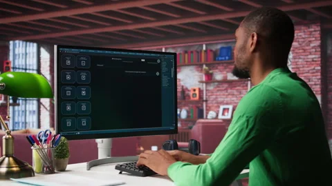 African american guy uses artificial intelligence chatbot trained 스톡 동영상 307797654