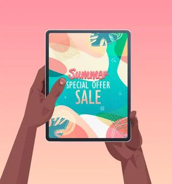 African american human hands using tablet pc with summer sale banner flyer or Stock Illustration