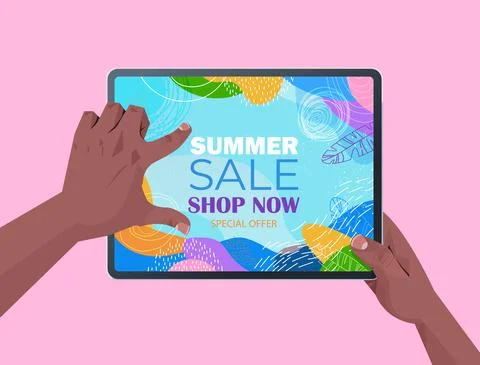 African american human hands using tablet pc with summer sale banner flyer or Stock Illustration