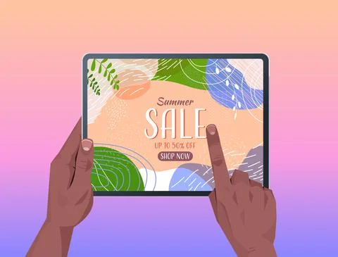 African american human hands using tablet pc with summer sale banner flyer or Stock Illustration