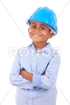 African american little boy wearing a protection hat - black people Stock Photos
