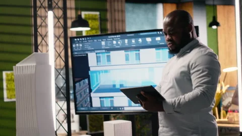 African american male developer studies zoning regulations for site preparation Stock Footage 316649196