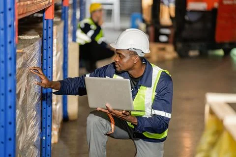 African American male workers checking production warehous Stock Photos