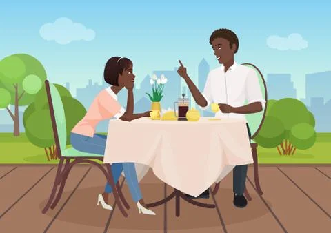 African american Man and woman dinner in a restaurant. Lovers couple cartoon Stock Illustration