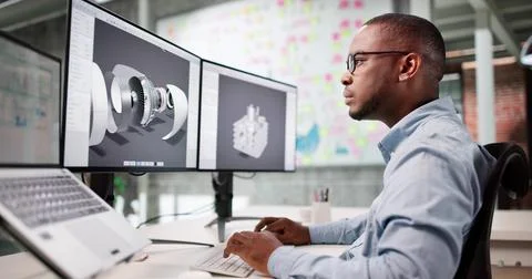 African-American Man Develops Jet Engine Model On Laptop Screen. Foto stock