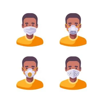 African American man in different types of face masks. Medical character set  Stock Illustration