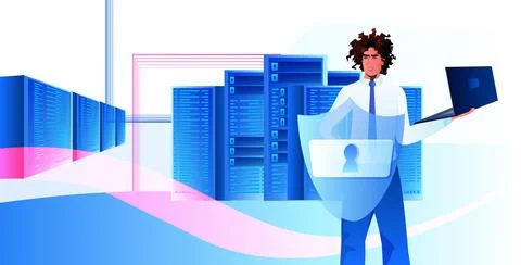 African american man engineer using laptop database server protection big data Illustrazione stock