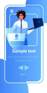 African american man engineer using laptop database server protection big data Stock Illustration