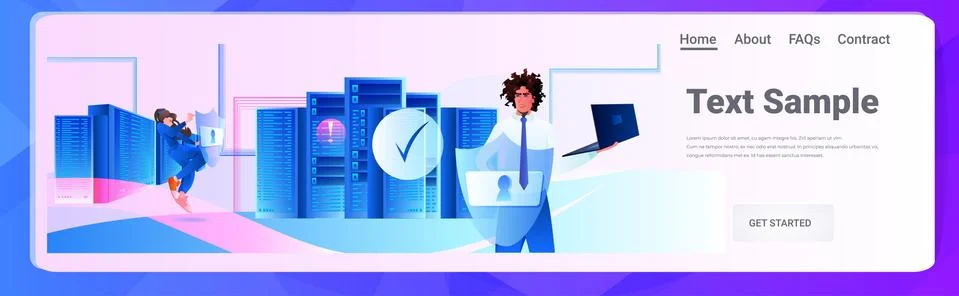 African american man engineer using laptop database server protection big data Stock Illustration