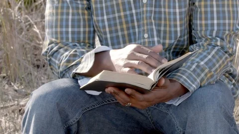 An African American man flips through a bible while sitting outside Stock-Footage 334728080