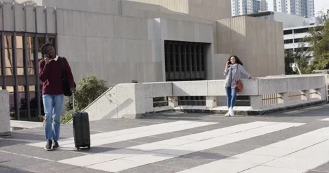 African American man pulling suitcase in plaza, Hispanic woman leaning on Stock Footage 317838450