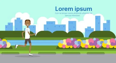 African american man running full length city park green lawn trees river Ilustración de archivo