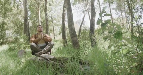 African american man sitting on tree trunk and meditating in forest, slow motion Stock Footage 342017879