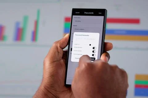 African American Man Using Password Manager App On Mobile Device. Professiona Fotos de archivo