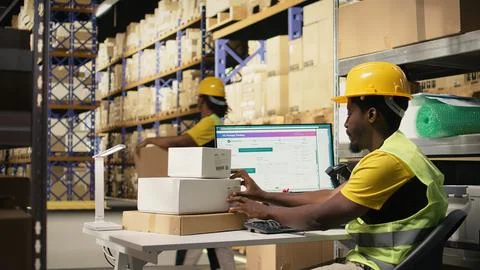 African american man using scanner to process barcode and stick shipping labels Foto stock