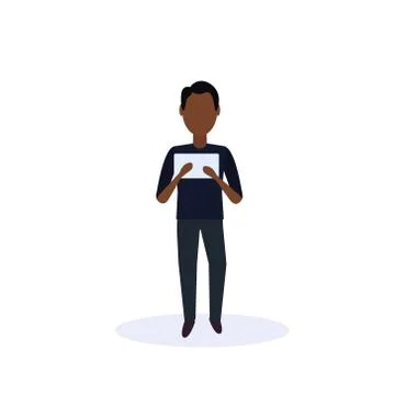African american man using tablet standing pose isolated faceless silhouette Illustrazione stock