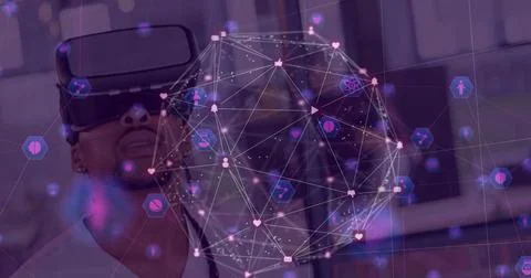 African American man using VR headset exploring digital network interface at Stock Illustration