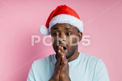 African American Man Wearing Santa Hat