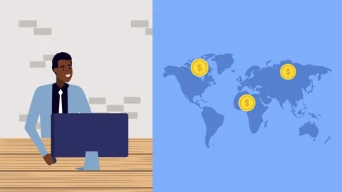 African american man working on computer with world map showing coin transa.. Video stock 338312415