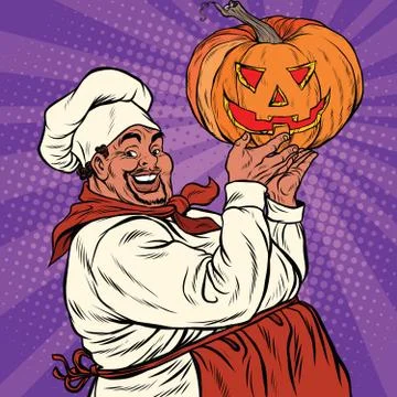 African American or Latino cook with a Halloween pumpkin Stock Illustration