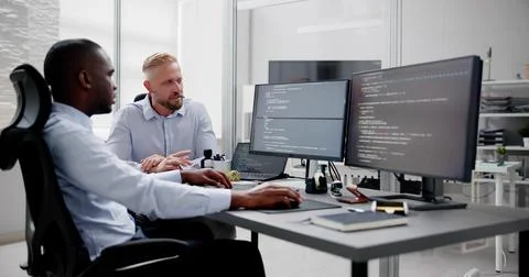African American Programmer Man Coding Stock-Fotos