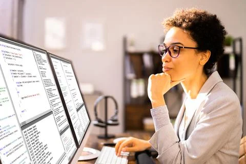 African American Programmer Woman Coding Stock Photos