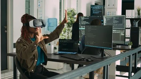 African american programmer working with vr glasses Stock Photos