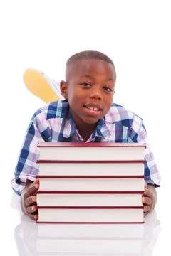 African american school boy with stack a book - black people Stock Photos