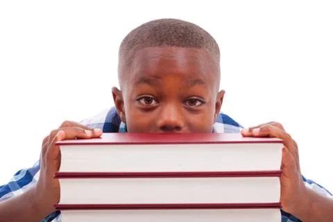 African american school boy with stack a book - black people Stock Photos