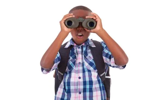 African american school boy using binoculars - black people Stock Photos