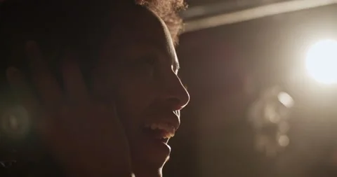 African American singer in dark studio Stock Footage 201849083