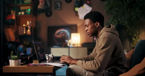 African American skilled software developer working on coding programming Stock Footage 245403282