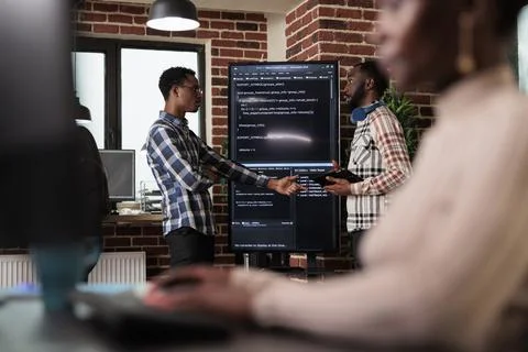 African american software developers pointing out cloud database processing 스톡 사진