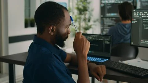 African american system engineer thinking about html script development 스톡 사진