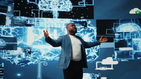 African american tech expert presenter speaking about AI at modern event Stock Footage 312305908
