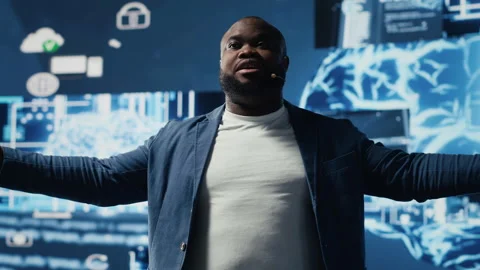 African american tech expert presenter speaking about AI at modern event Stock Footage 312478592