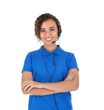 African-American technical support operator with headset isolated on white Stock Photos