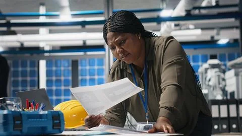 African american technician reading documents in the manufacturing plant 写真素材