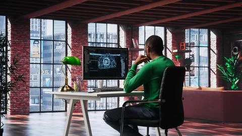 African american technician writes code on AI brain neural network Stock Photos