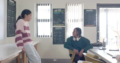 African American teens talking in classroom with coding posters, female leaning, Stock Footage 341063451