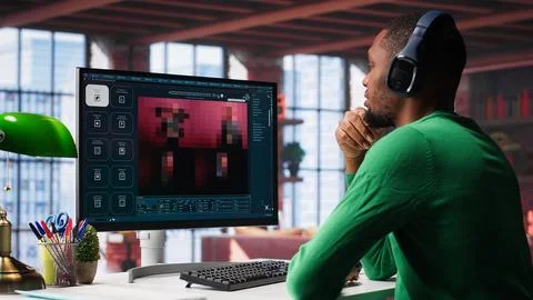 African american user operates generative AI program to create digital photos Stock-Fotos