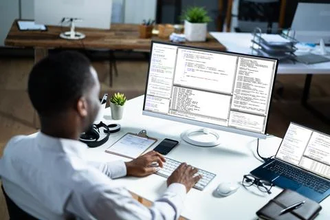 African American Web Coder At Computer. Software Programmer Stock Photos