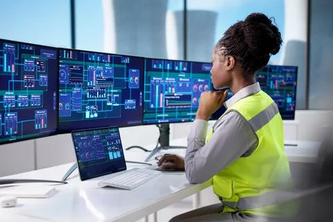African American Woman Using Computer Screen To Check Nuclear Power. Stock Photos