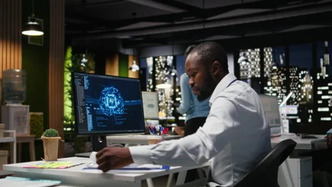 African american worker checking KPI metrics data with artificial intelligence Stock Footage 318561962